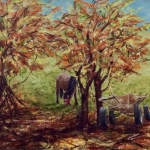 Woodcutters’ horse near Cloașterf<br/> Oil and wax on canvas on board <br/>58 x 52cms