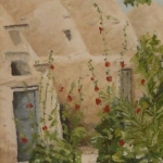 Beehive houses and hollyhocks